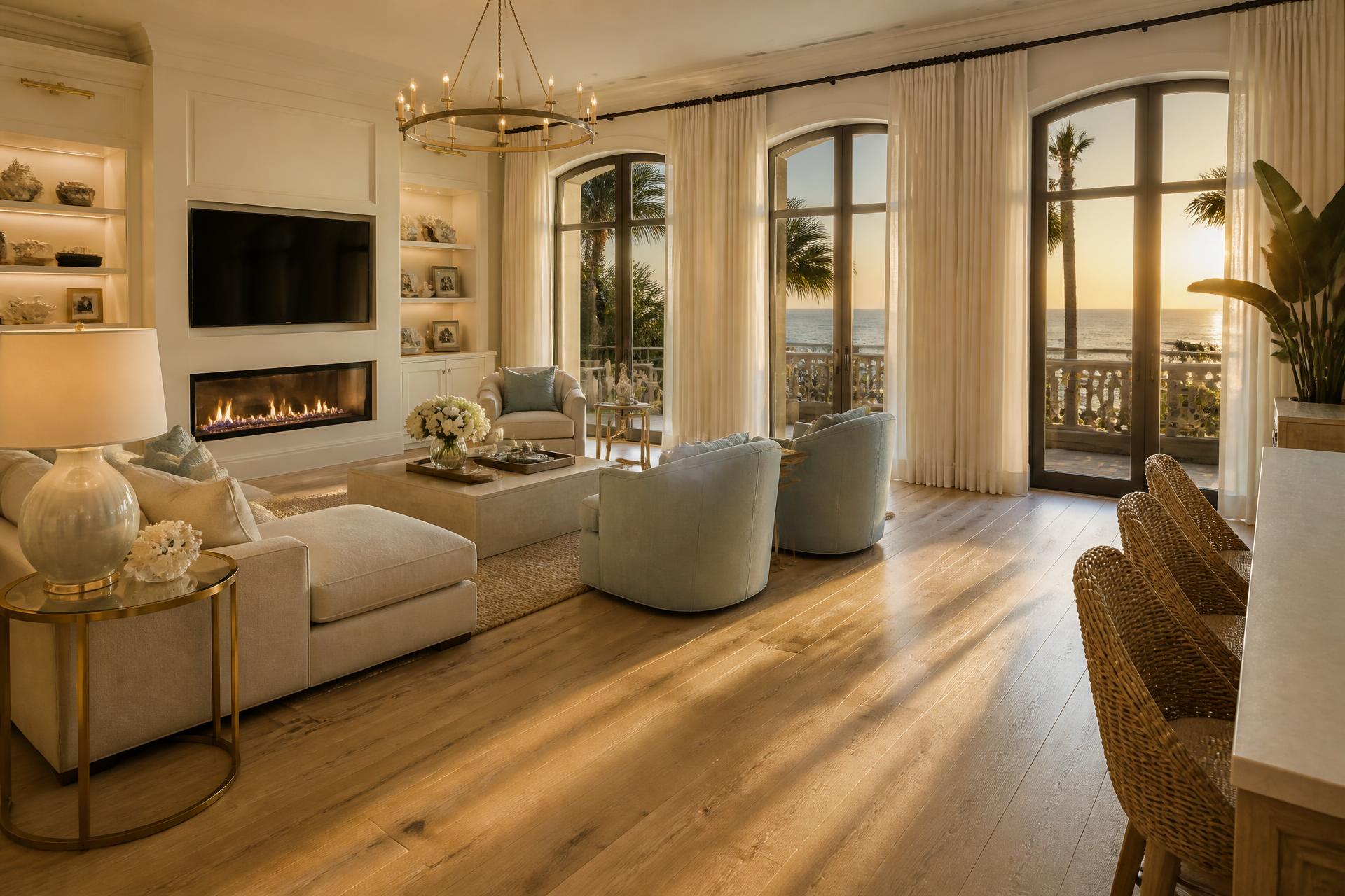 Wide plank oak hardwood flooring installed in a luxury Naples living room at sunset